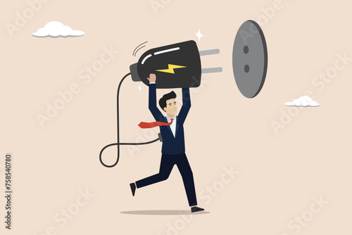 Recharge yourself, run out of energy, recharge full of energy or provide motivation concept, exhausted businessman working too hard plugs in electricity to recharge himself.