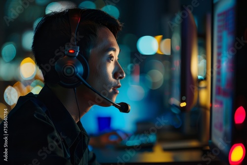 Call center agent providing customer support services to clients around the world during the night shift, resolving inquiries and issues efficiently, Generative AI © Shooting Star Std