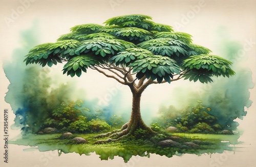 Watercolor painting of a Polyalthia Plant Tree photo