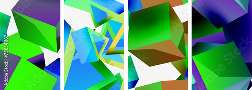 Flying 3d shapes, cubes and other geometric elements background design for wallpaper, business card, cover, poster, banner, brochure, header, website