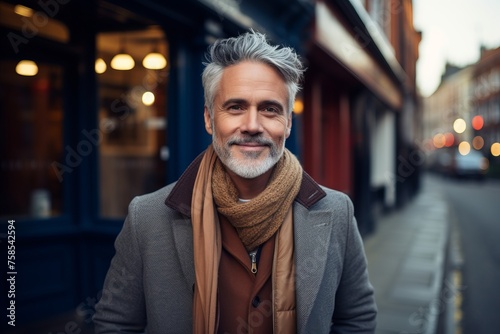 Portrait of a handsome middle-aged man with gray hair wearing a coat and scarf in the city