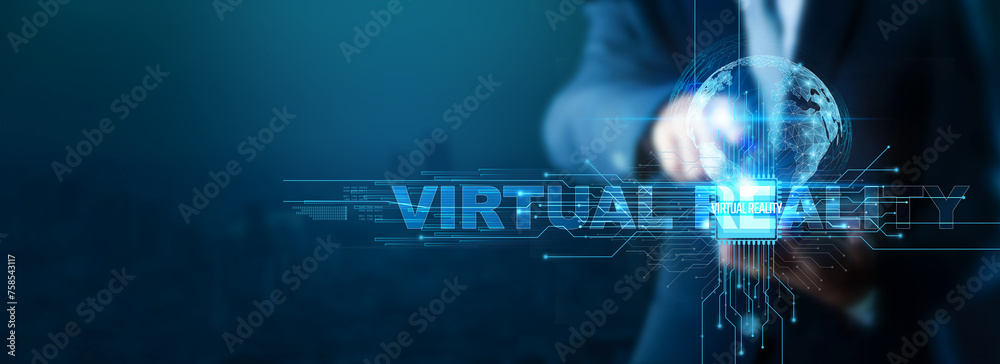 Virtual reality, Virtual reality technology, and an engineer using Virtual reality technology with a Smartphone on a Global network. Virtual reality, Virtual reality technology, and an engineer using Virtual reality technology with a Smartphone on a Global network.