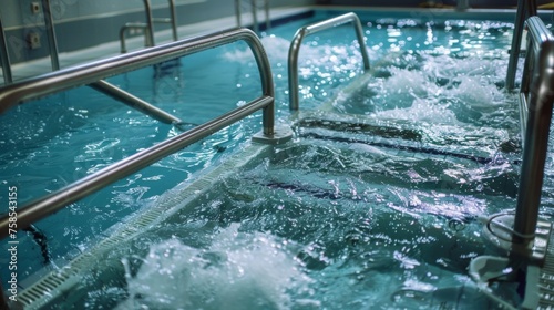 A view of a hydrotherapy pool with multiple jets and steps for patients to perform water exercises and improve mobility. photo