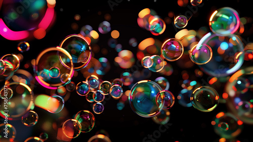 Numerous soap bubbles floating in the air in a vibrant and colorful display. Backdrop, background, neon light.