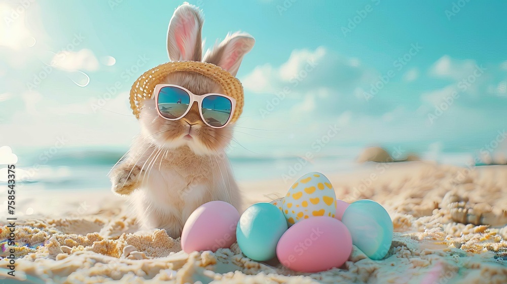 A rabbit wearing colorful sunglasses next to an easter egg - obrazy, fototapety, plakaty 