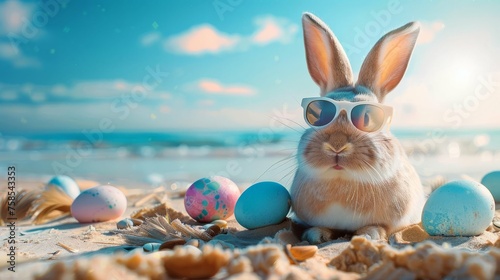 A rabbit wearing colorful sunglasses next to an easter egg