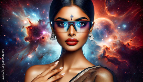 Against a space backdrop, an attractive Indian woman poses gracefully while wearing virtual reality glasses that accentuate her eyes and lips in keeping with traditional Indian beauty standards