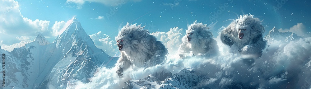 A group of yetis having a snowball fight with clouds on top of Mount Everest. - obrazy, fototapety, plakaty 