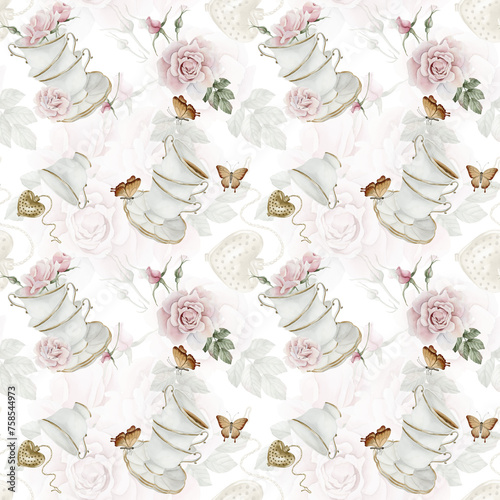 Rosehip pink flowers, red berries, leaves, white porcelain teaware and butterflies, watercolor seamless pattern on white photo