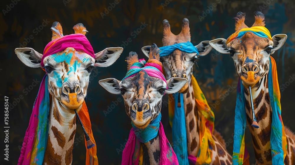 Giraffes wearing colorful scarves painting abstract art with brushes attached to their long necks.