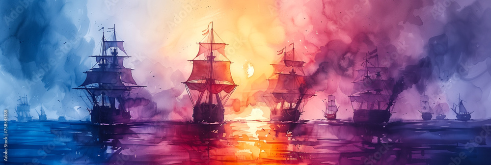 Wallpaper in the style of watercolor painting, a modern series of panoramic aerial views of a naval battle of sailing ships of the 17th century - obrazy, fototapety, plakaty 