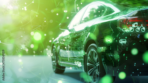 An eco - friendly sports car with a glossy finish, overlaid with a semi - transparent digital speedometer, against a bright green background.