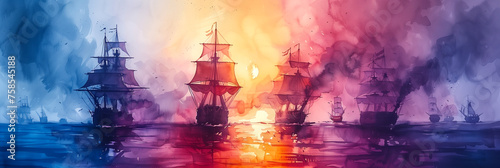 Wallpaper in the style of watercolor painting, a modern series of panoramic aerial views of a naval battle of sailing ships of the 17th century © Bonya Sharp Claw