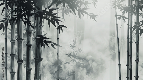 Lush bamboo trees create a dense forest in a black and white setting. Copy space.