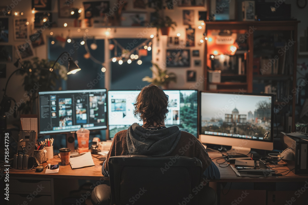 A man wearing hoodie sits at a desk working freelance project with computer and multiple monitors in the cozy room workplace. Work from home and freelancer online digital nomad concept.