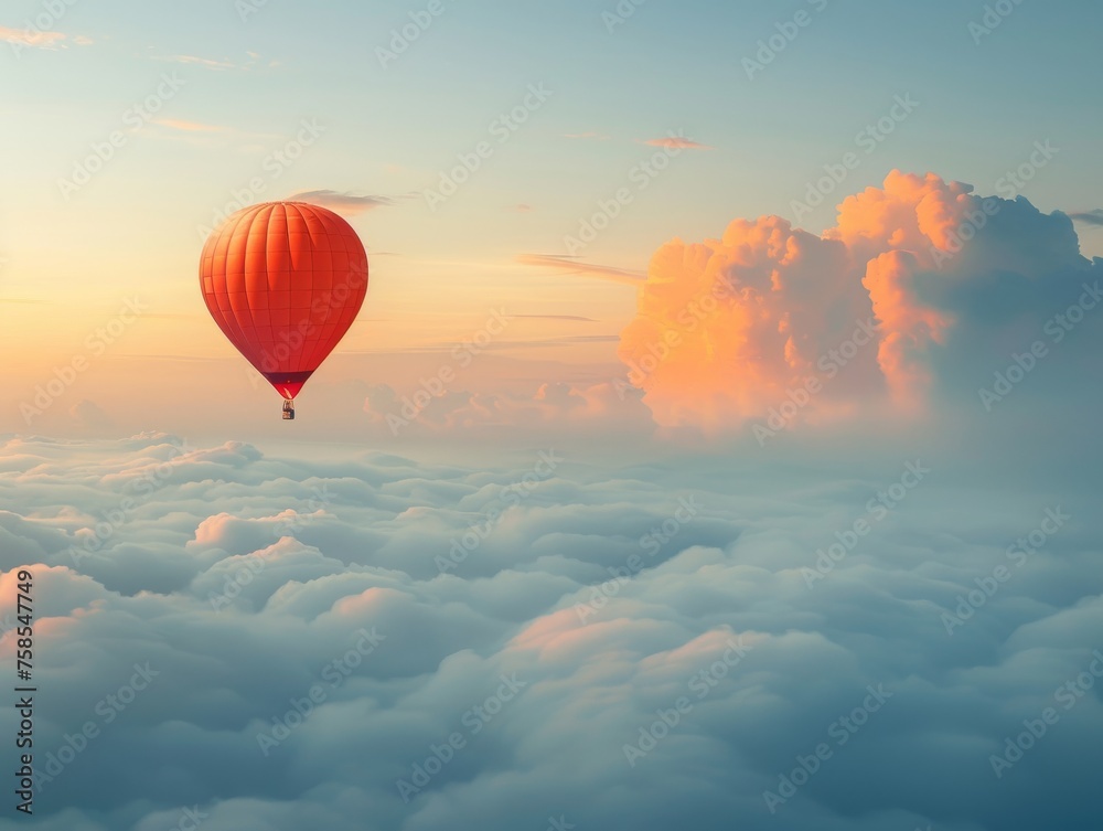 Fototapeta premium A serene hot air balloon drifts leisurely above a sea of clouds bathed in the warm light of the sunset.