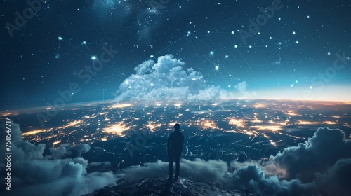 A contemplative figure stands on a mountaintop, gazing at the city lights below him, enveloped by the night sky and clouds. photo