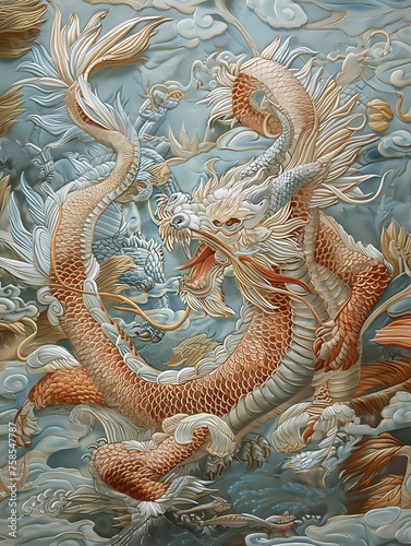 china embroidery pattern  and textile design of Dragon, the auspicious animal in the style of light gold and sky-blue, 
