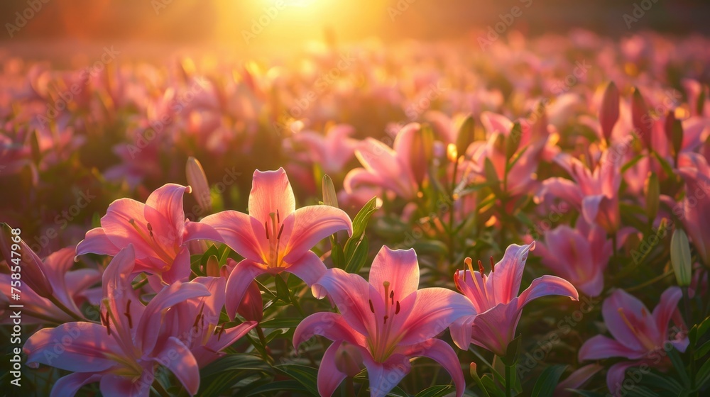 Dawn Over Pink Easter Lilies. Illustration with Generative AI.
 - obrazy, fototapety, plakaty 