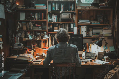 A man sits at a desk with a computer and a laptop. The desk is cluttered with books and papers. Freelancer and online workplace concept.