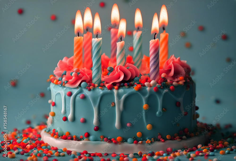 Birthday cake candles with candy sprinkles. Bottom border on a blue ...
