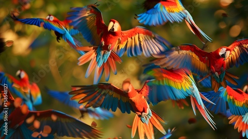 A kaleidoscope of macaws, each feather a vivid stroke. HD lens captures their vibrant hues amidst lush foliage.
