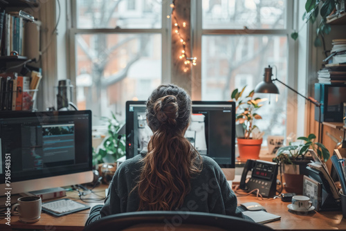 A woman sits at a desk working freelance project with computer and multiple monitors in the cozy room workplace. Work from home and freelancer online digital nomad concept.
