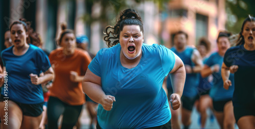 Exaggeratedly fat woman running in a blue t-shirt, front view closeup of her face with a wide open mouth, full body photo, surrounded by other runners © Kien