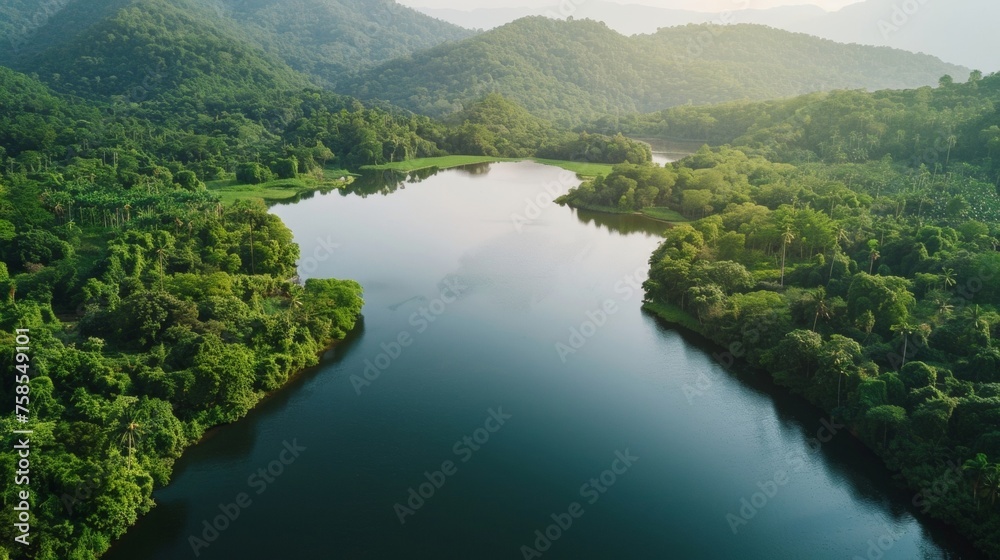A sprawling reservoir with lush greenery and forests surrounding its banks.