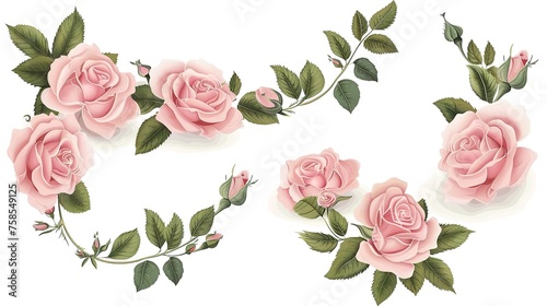 Set of floral watercolor. Flower pink rose  green leaves. Floral poster  invitation floral.  arrangements for greeting card or invitation design  Generative ai
