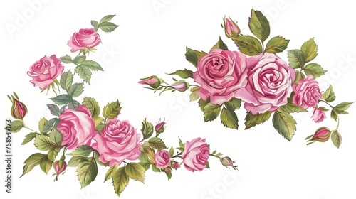 Set of floral watercolor. Flower pink rose, green leaves. Floral poster, invitation floral. arrangements for greeting card or invitation design ,Generative ai