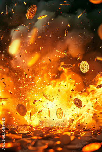 An explosion with notes  coins and valuable assets spreading out