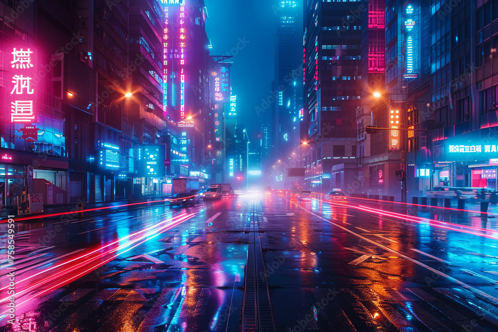 A futuristic cityscape where neon lights pulse with the rhythm of life