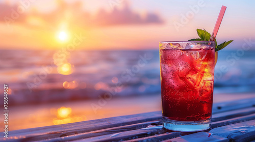 Alcohol drink or coctail placed on a wooden table overlooking the ocean, creating a relaxing scene. Copy space, background. The concept of a holiday on the sea or ocean, an all-inclusive hotel. photo