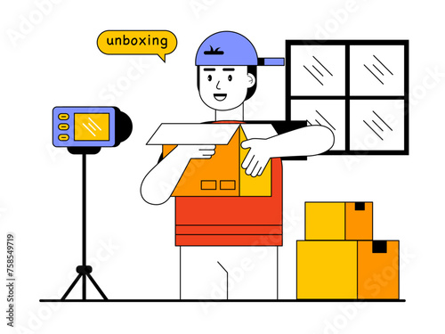 Man doing product unboxing and review. Unboxing vector illustration.	