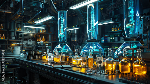 A lab setting filled with test tubes and scientific equipment