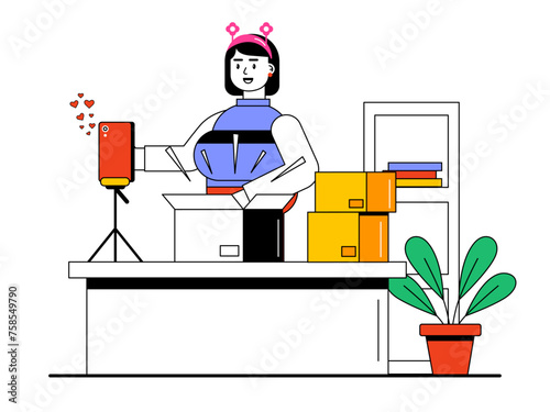 Girl doing product unboxing and review. Unboxing vector illustration.