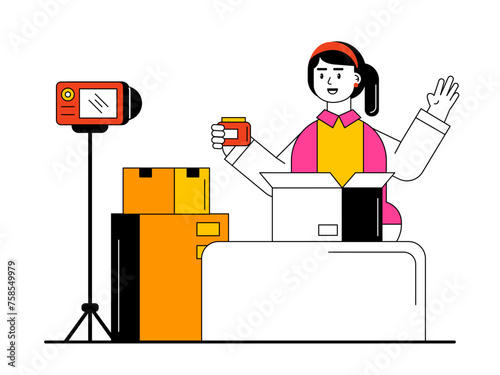 Girl doing product unboxing and review. Unboxing vector illustration.