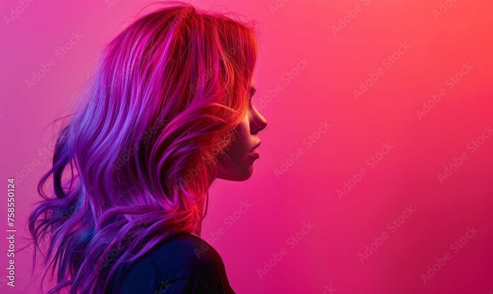 Coquette Hairstyle, studio photo with copy space, heavy use of negative space and bold saturated colours, pink and violet, wavy hair, feminine, pink lights, glowing girl, lit up hair, focus on hair Coquette Hairstyle, studio photo with copy space, heavy use of negative space and bold saturated colours, pink and violet, wavy hair, feminine, pink lights, glowing girl, lit up hair, focus on hair