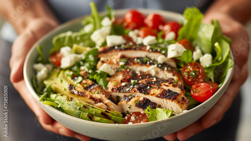 Top view of salad with grilled chicken and Parmesan cheese..