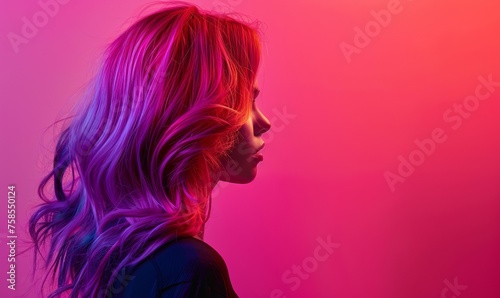Coquette Hairstyle, studio photo with copy space, heavy use of negative space and bold saturated colours, pink and violet, wavy hair, feminine, pink lights, glowing girl, lit up hair, focus on hair