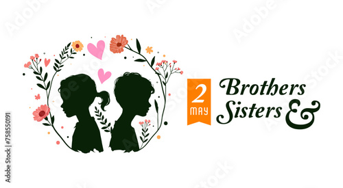 brothers and sisters day, may 2. illustration of the silhouette of a boy and girl with floral ornaments. Design for national day celebration. silhouettes of little boys and girls