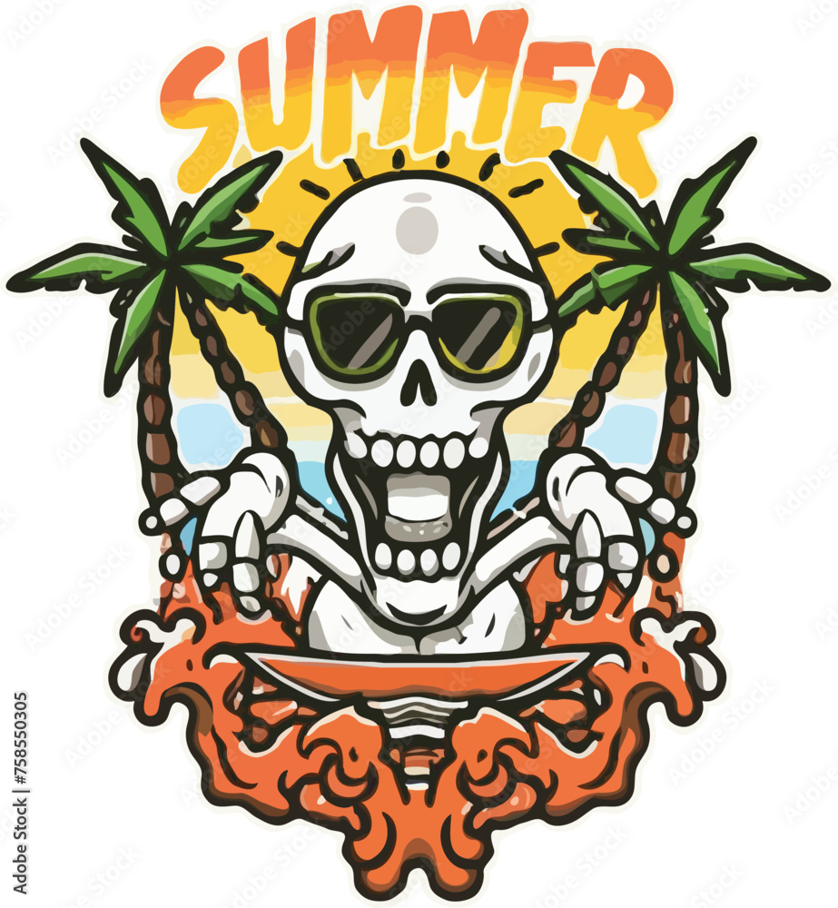 Vibrant, eye-catching t-shirt design for summer. creative hand and cheerful smile skull, holding a surfboard and coconut tree. Vibrant, eye-catching t-shirt design for summer. creative hand and cheerful smile skull, holding a surfboard and coconut tree.