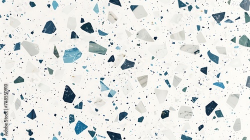 An abstract background featuring seamless texture of white terrazzo marble flooring with deep gray blue and light gray chips.