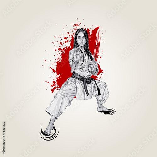 Vector illustration of a girl in karate martial arts. Abstract background.