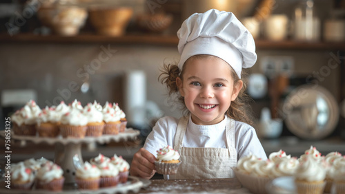 A young girl wearing a chef's hat is smiling and holding a cupcake