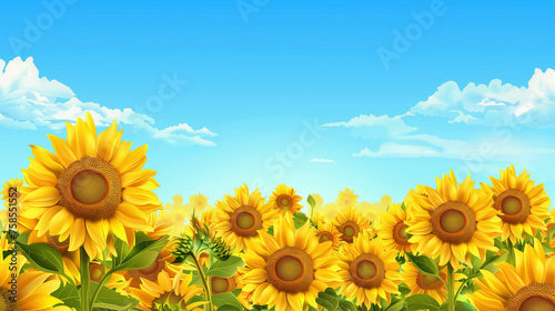 A field of sunflowers set against a blue sky background. Spring and summer mood. Copy space. Harvest.