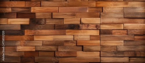 A closeup of a brown wooden wall constructed with rectangular wooden blocks, resembling brickwork. The wood stain brings out the hardwood flooring pattern