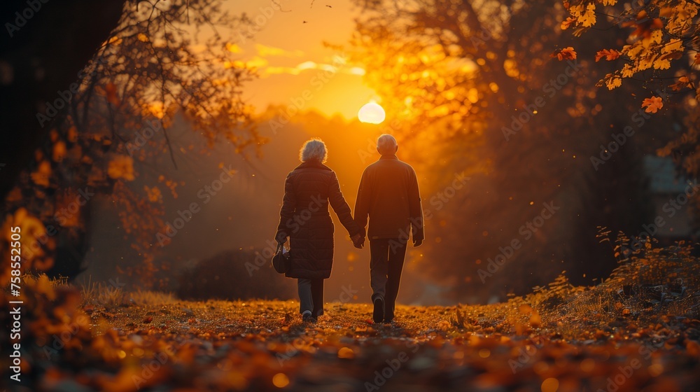 Fototapeta premium old couple walking in the woods