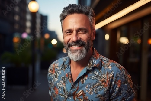 Portrait of a handsome mature man smiling in the city at night